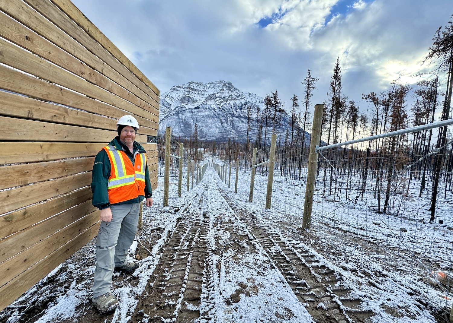 In November, site manager Scott Taylor checks on construction of the Caribou Conservation Breeding Centre in Jasper National Park.
