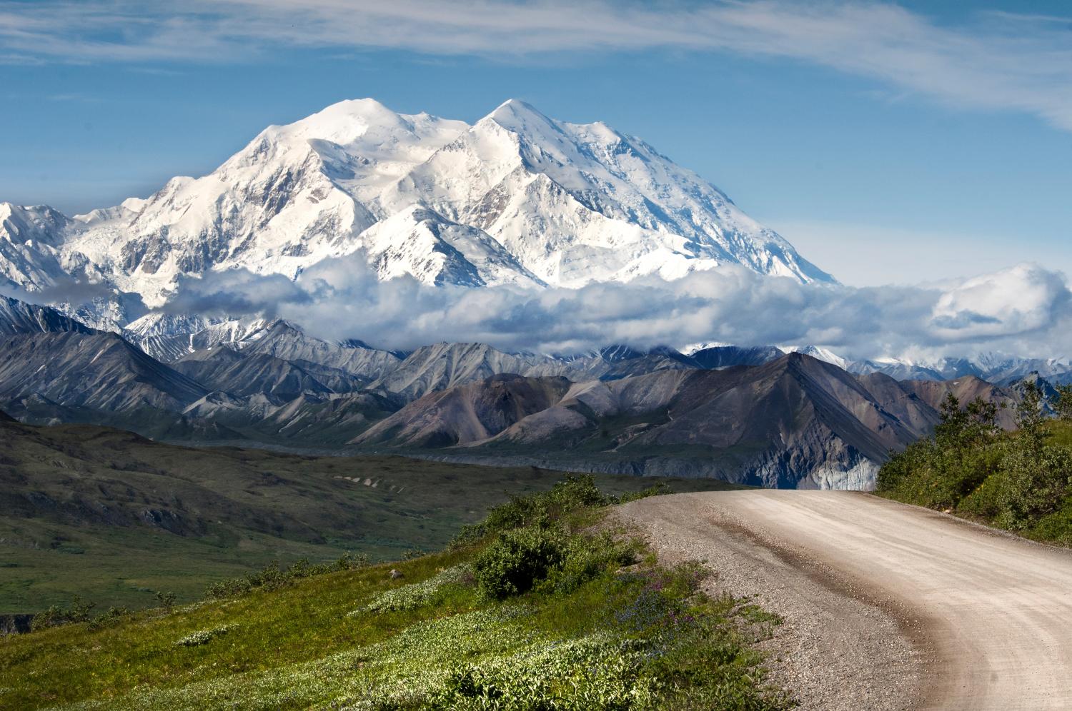 Mount McKinley In Denali National Pari A view of a massive snow-covered mountain.