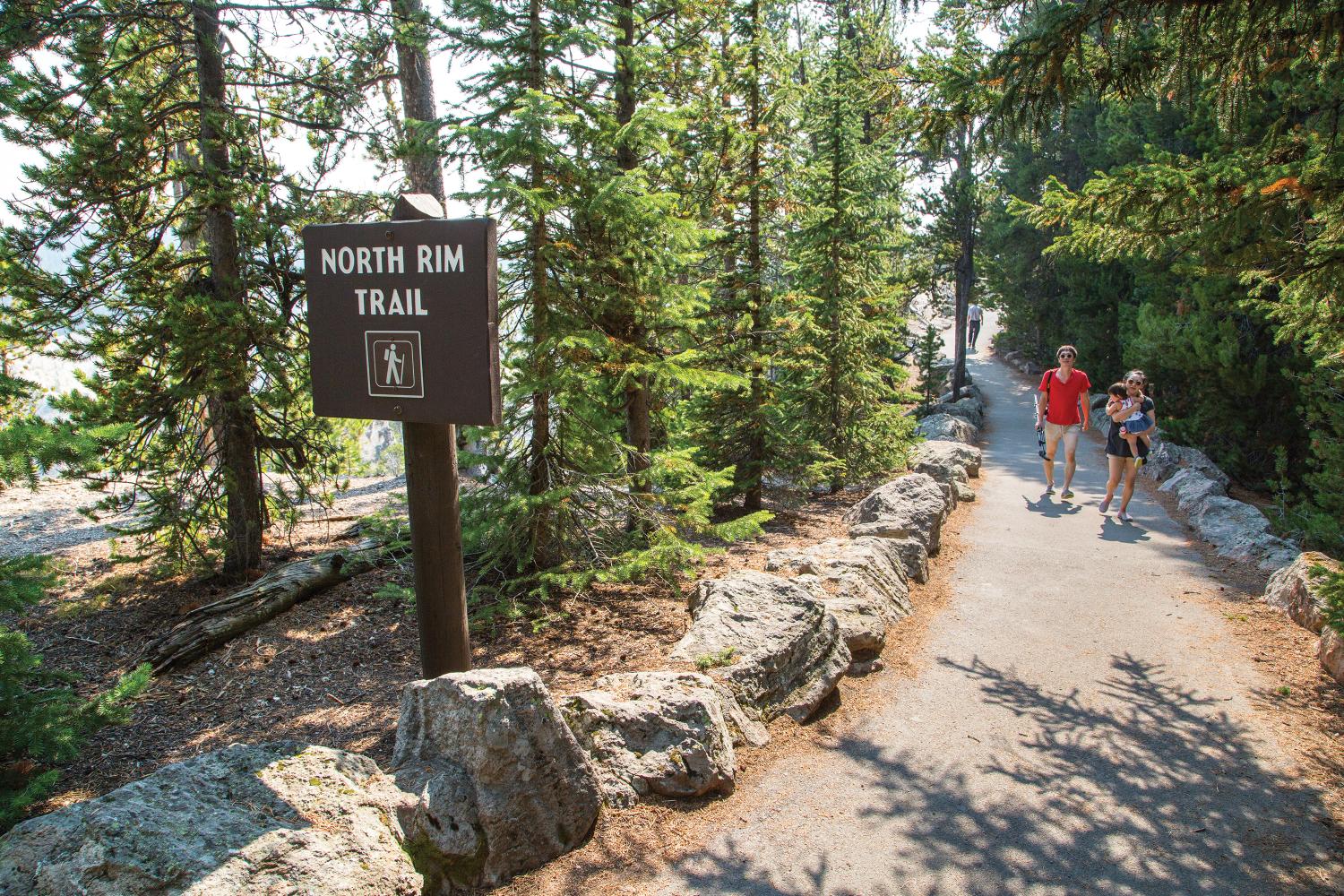 North Rim Trail People walk through trees along a math parked by a wooden sign that says North Rim Trail.