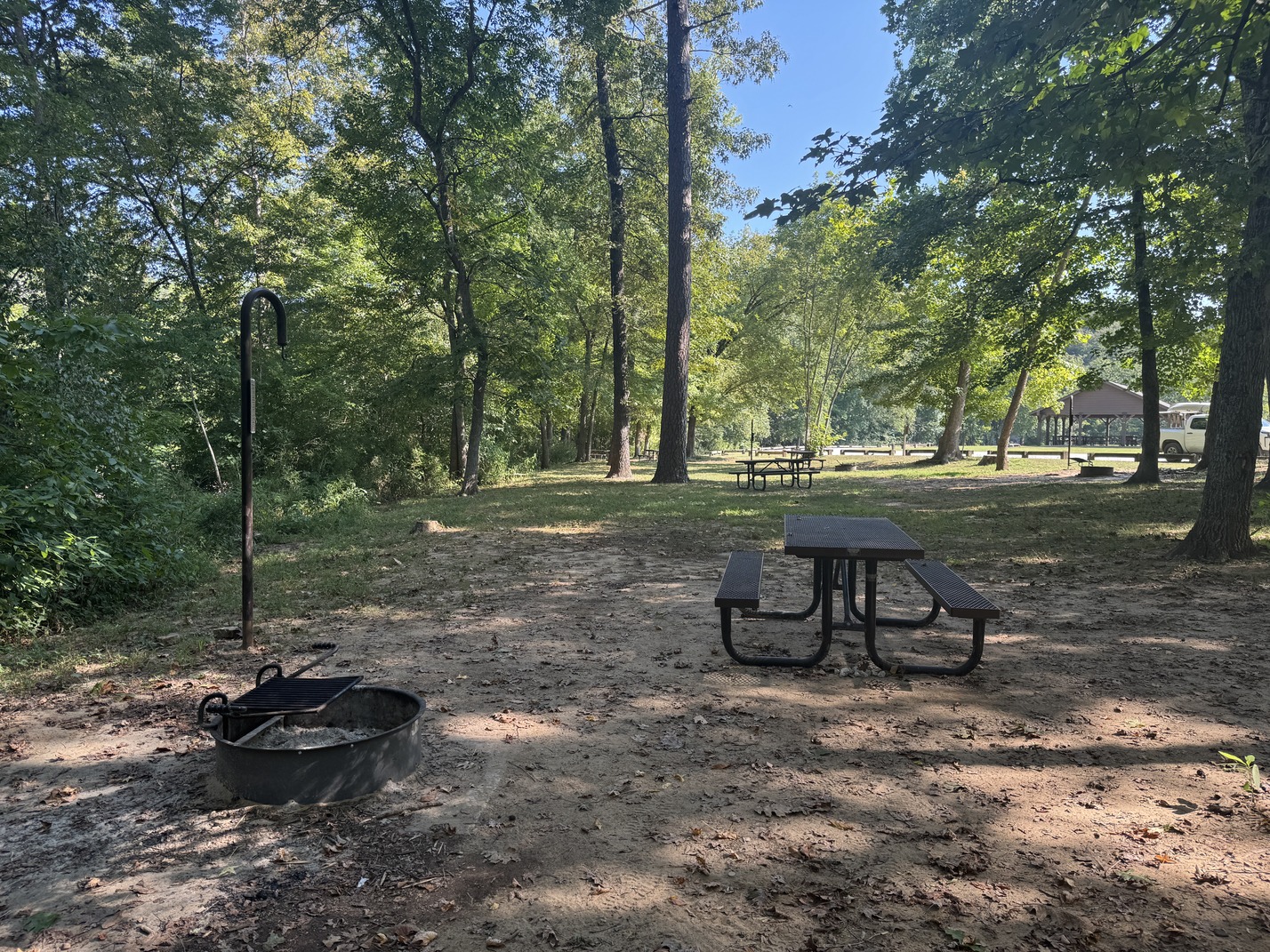 A picnic table, fire ring, and lantern hook are on top of a sandy ground.