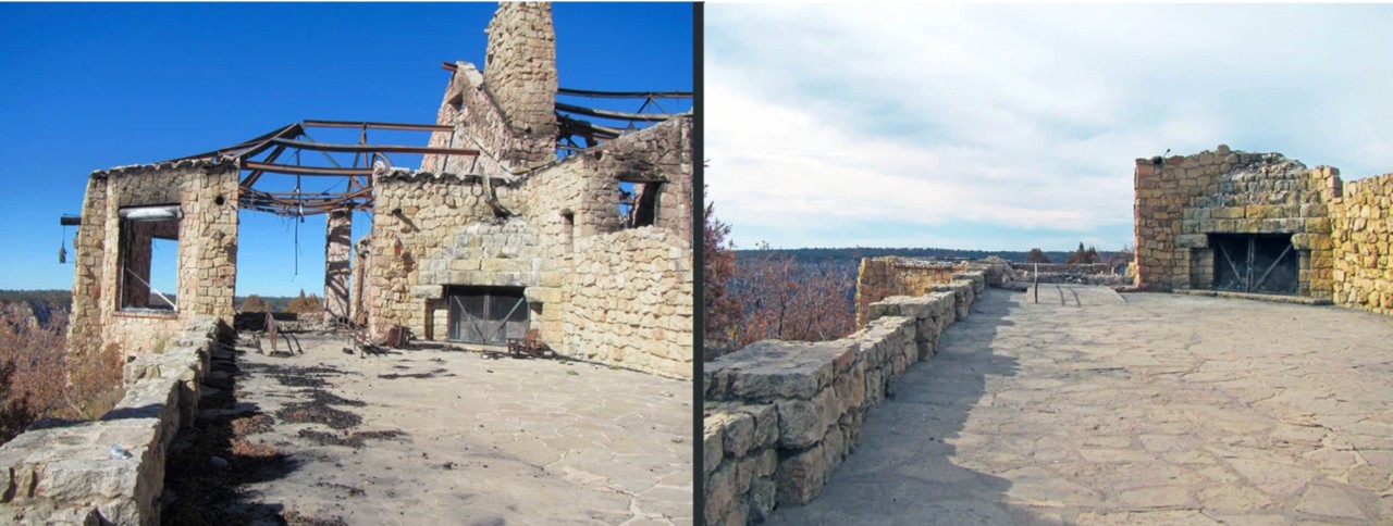 The remains of a burned building.