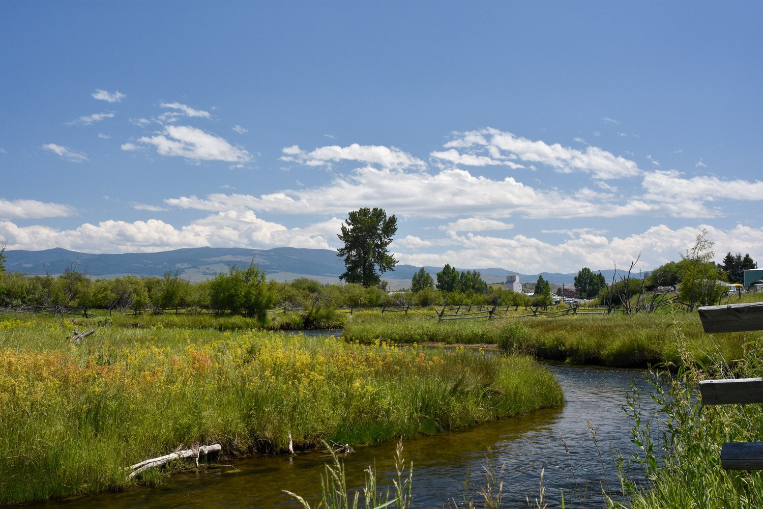 A river winds between grassy embankments