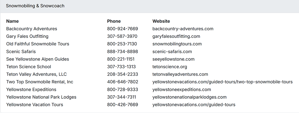 A list of authorized snowcoach and snowmobile tour operators for Yellowstone National Park / NPS graphic