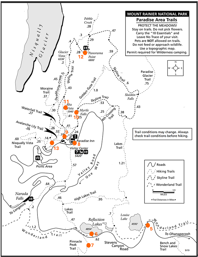 NPS trail map of favorite photo spots within the Paradise Area of Mount Rainier National Park / modified by Rebecca Latson