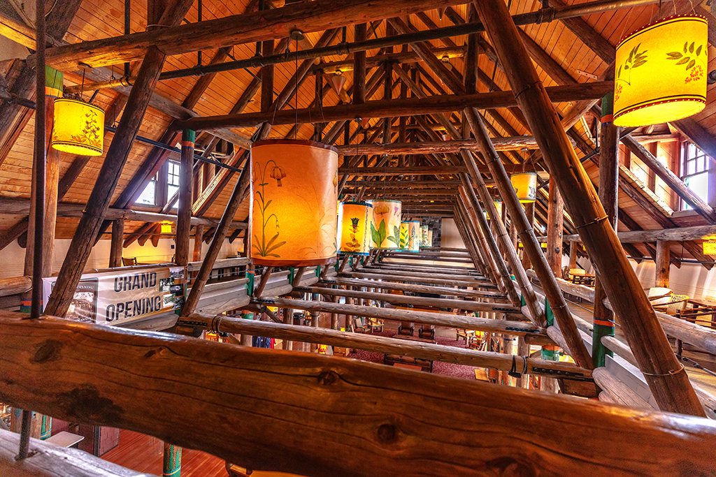 The Paradise Inn mezzanine and its hand-painted lanterns, Mount Rainier National Park / Rebecca Latson