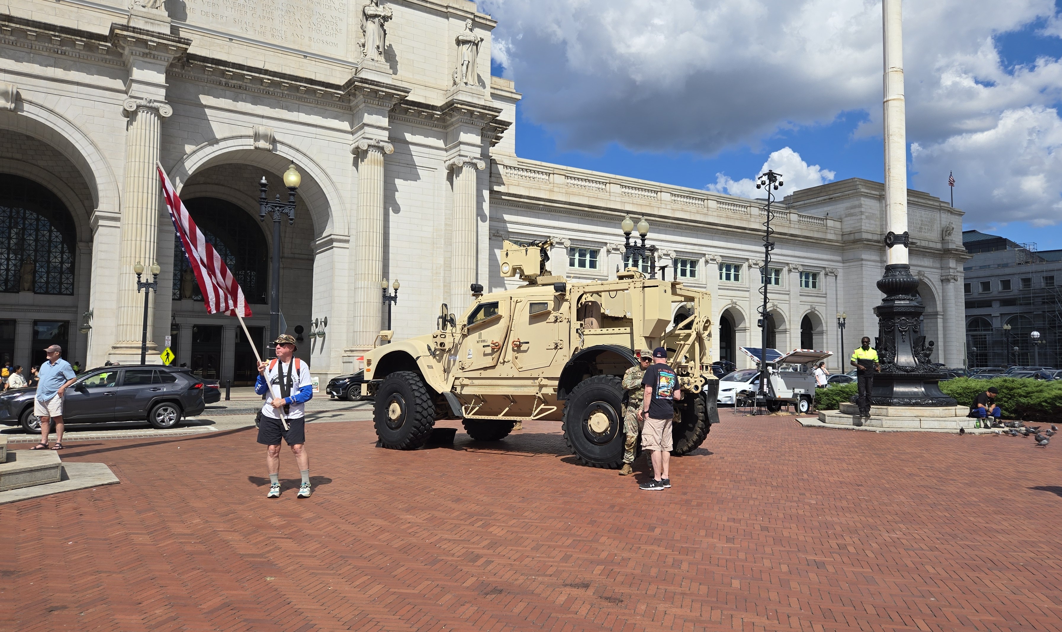 An armored vehicle on Columbus Circle outside D.C.'s Union Station