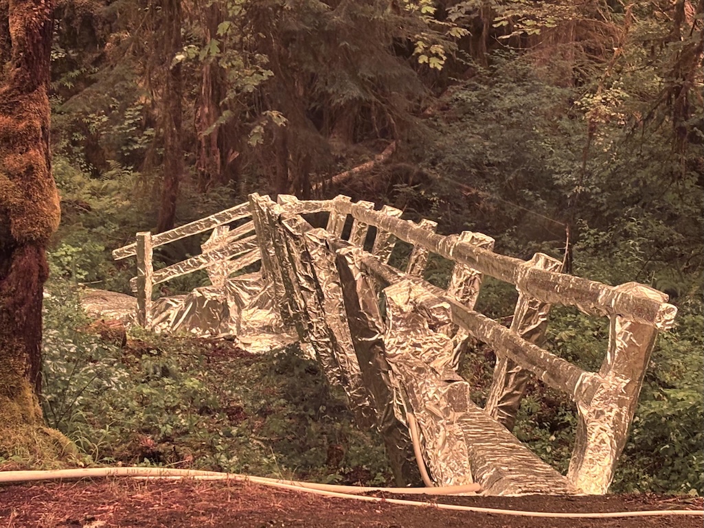 In Olympic National Park crews wrapped infrastructure, including trail bridges, with fire resistant fabric/NPS