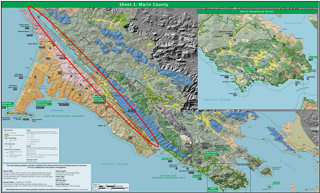 Geologic map showing the San Andreas Rift Zone, Point Reyes National Seashore / NPS graphic modified by Rebecca Latson