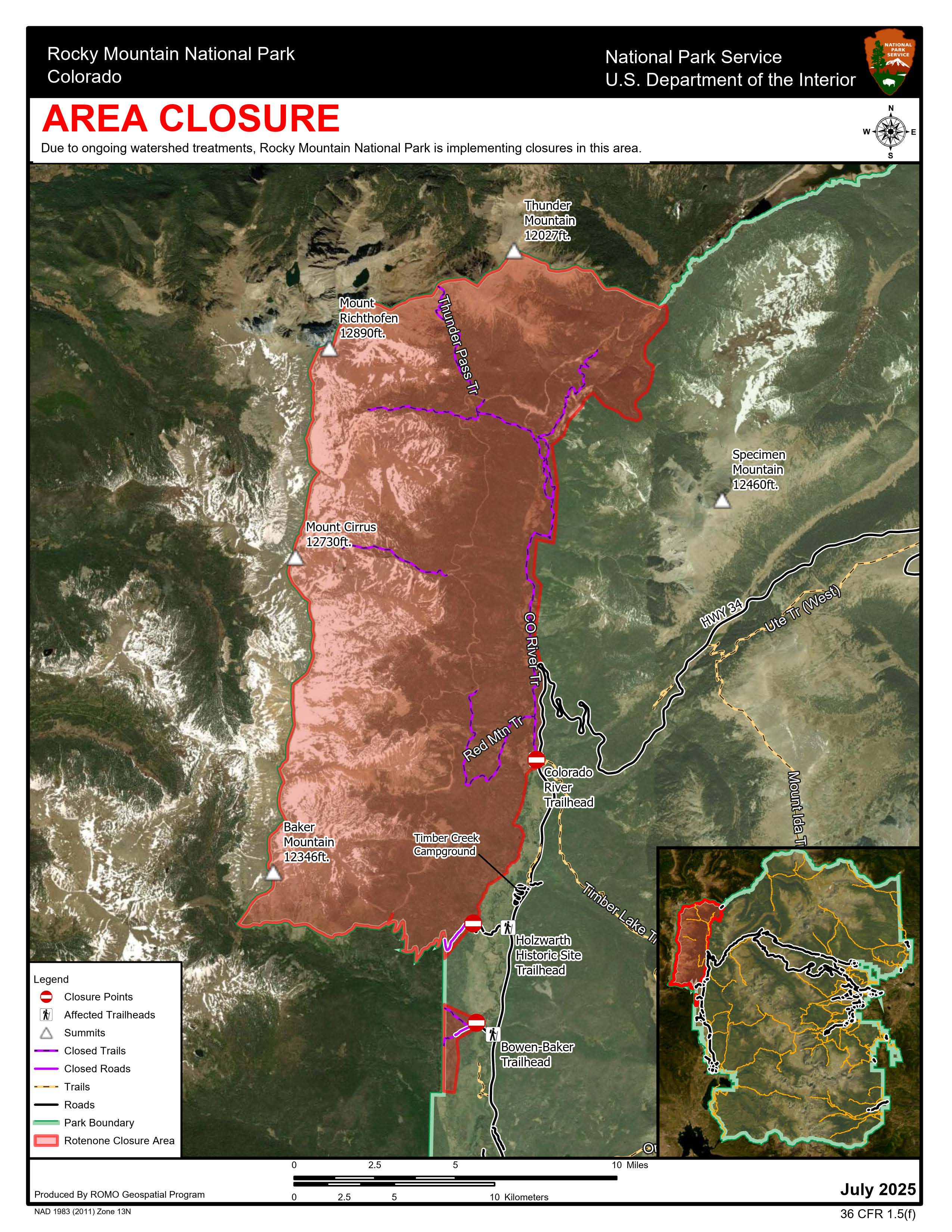 A topographic map with areas that will be closed shown in red.
