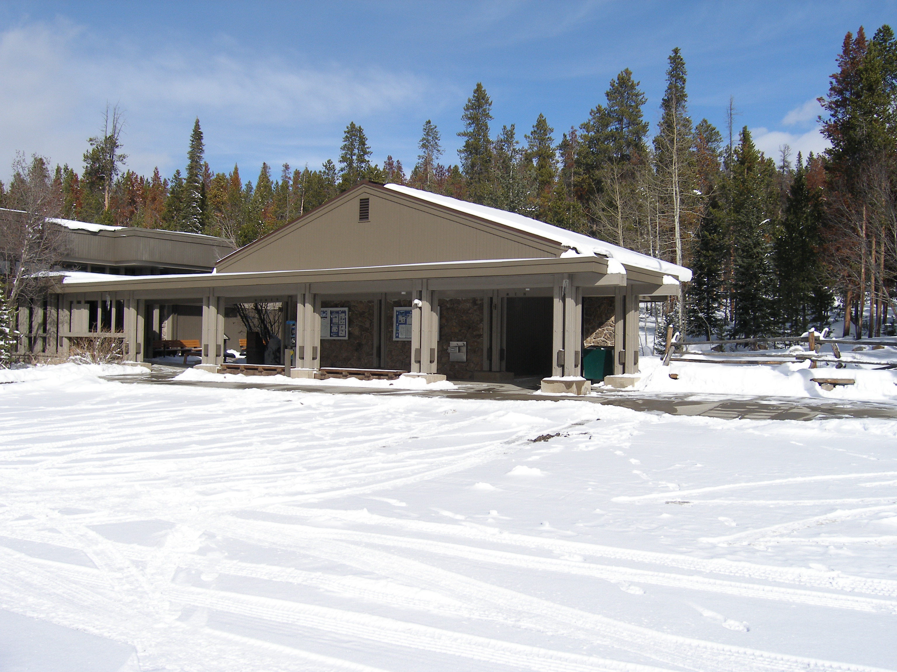 Visitor center surrounded by snow at Rocky Mountain National Park