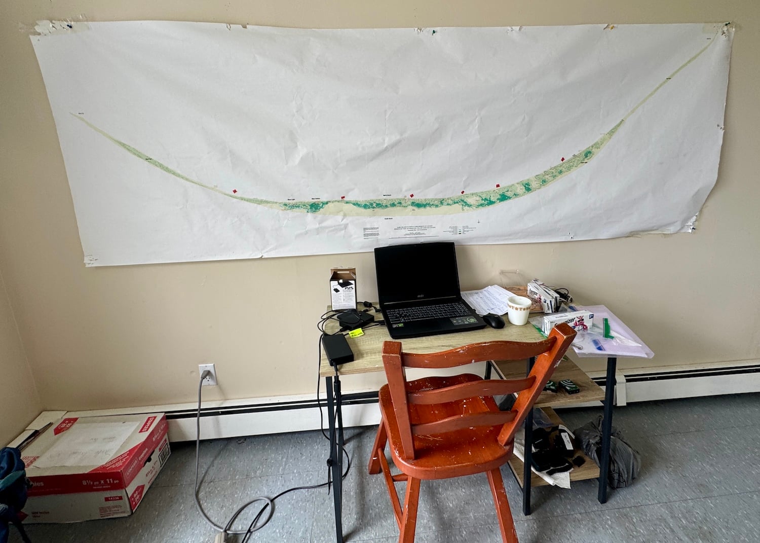 A map of Sable Island is on the wall.