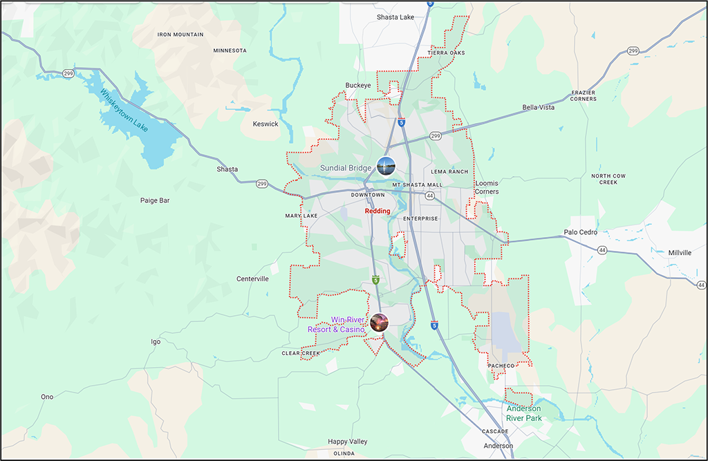 Area map around Whiskeytown National Recreation Area / Google Maps Screenshot
