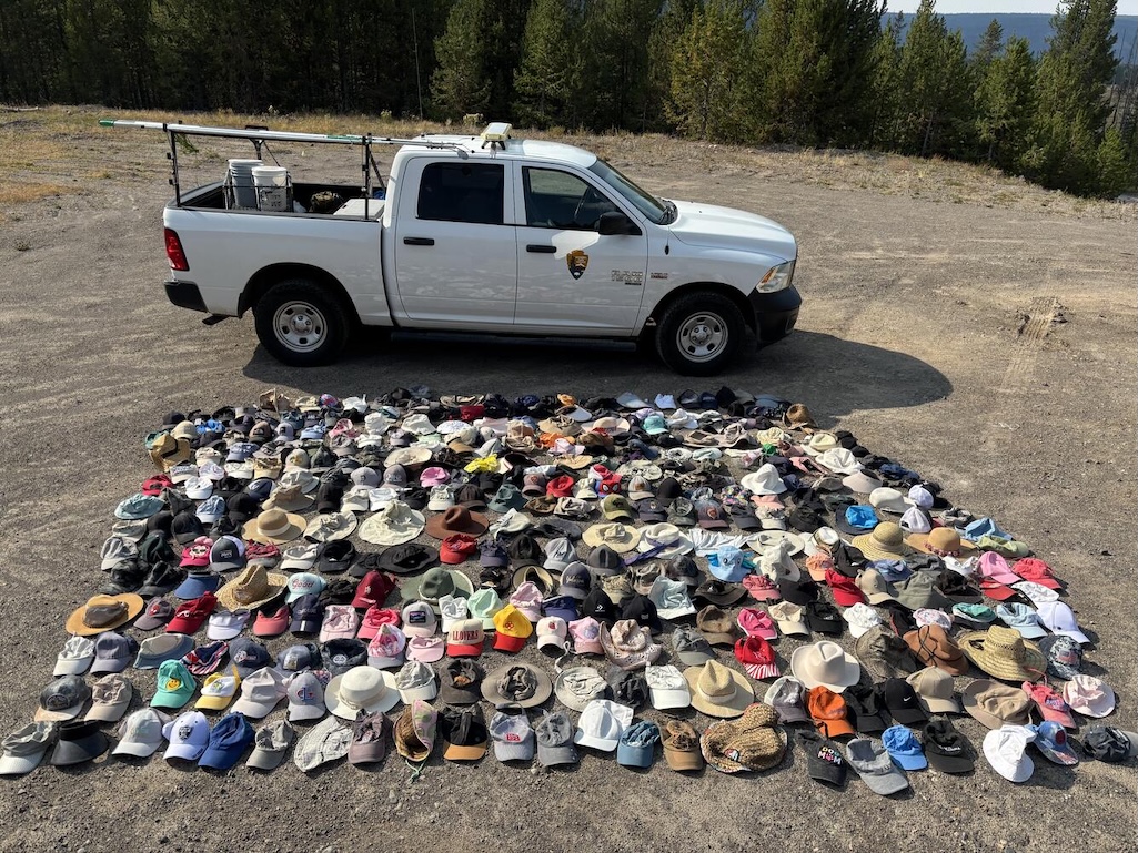 Just some of the hats collected by the Yellowstone National Park Geology Program from sensitive thermal areas throughout the par