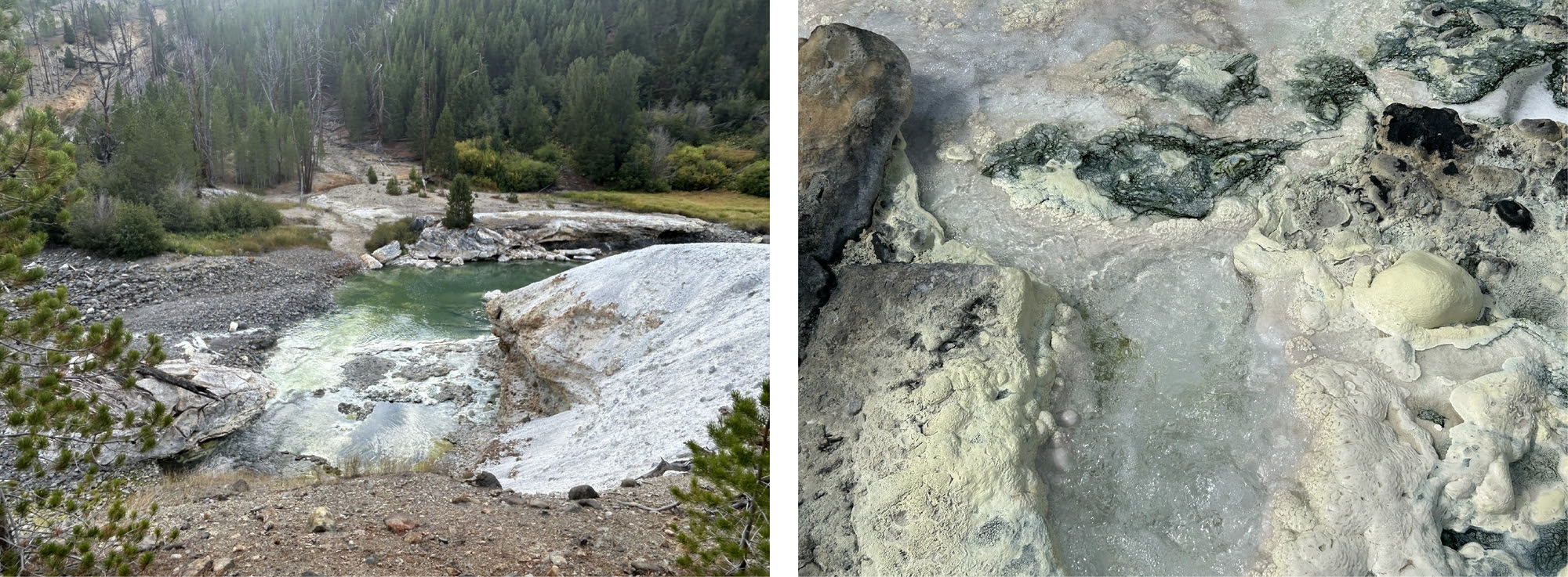 Wahb Springs in Yellowstone National Park. Left: zoomed-out photo of the springs (photo by David Roth, September 2024). Right: c