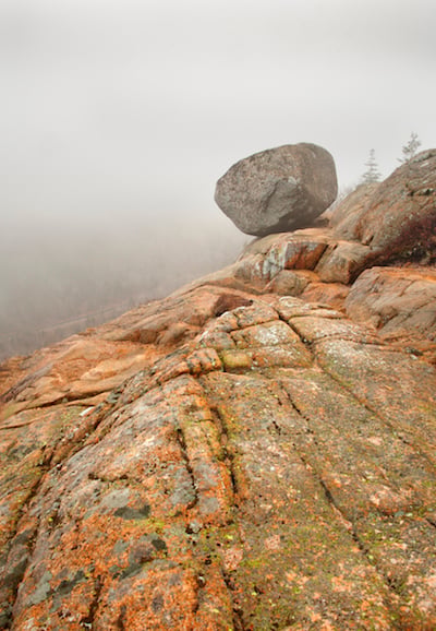 At times Bubble Rock almost seems to float in the fog at Acadia National Park. It can be found along the aptly named Bubble Rock Trail / Colleen Miniuk- Sperry At times Bubble Rock almost seems to float in the fog at Acadia National Park. It can be found along the aptly named Bubble Rock Trail / Colleen Miniuk- Sperry