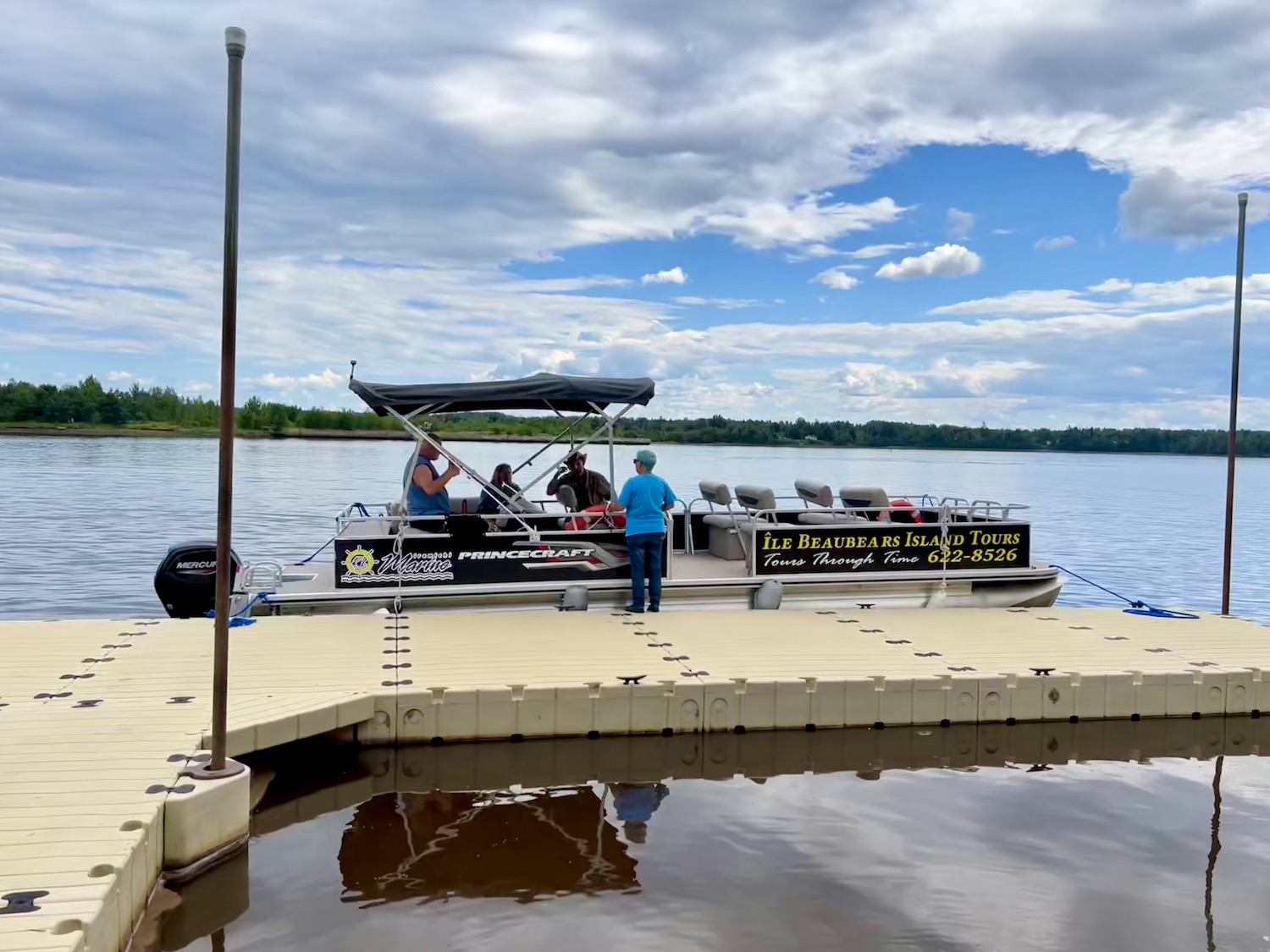This pontoon boat acts as a seasonal ferry to get visitors to Beaubears Island. This pontoon boat acts as a seasonal ferry to get visitors to Beaubears Island.