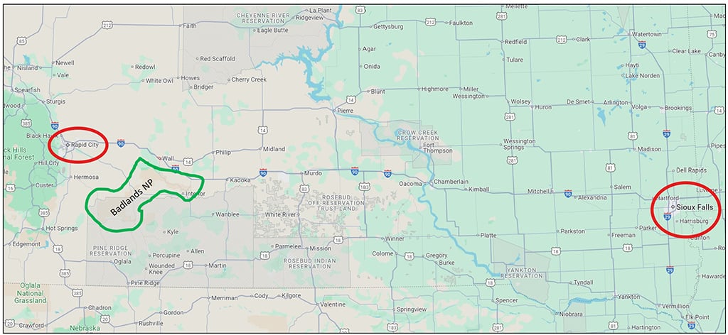 Badlands National Park is located just south of Interstate 90 between Rapid City and Sioux Falls, South Dakota / Google Maps Badlands National Park is located just south of Interstate 90 between Rapid City and Sioux Falls, South Dakota / Google Maps