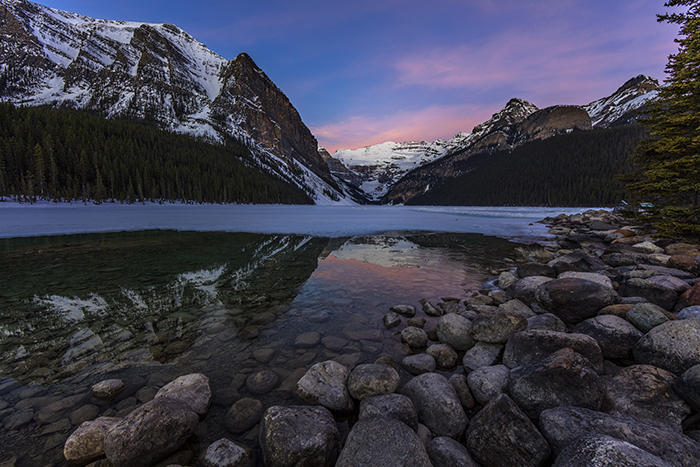 Dawn's Rosy Glow, Lake Louise, Banff National Park / Rebecca Latson Dawn's Rosy Glow, Lake Louise, Banff National Park / Rebecca Latson