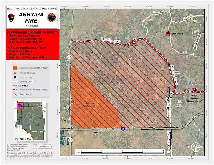 Anhinga Fire closure map at Big Cypress National Preserve/NPS