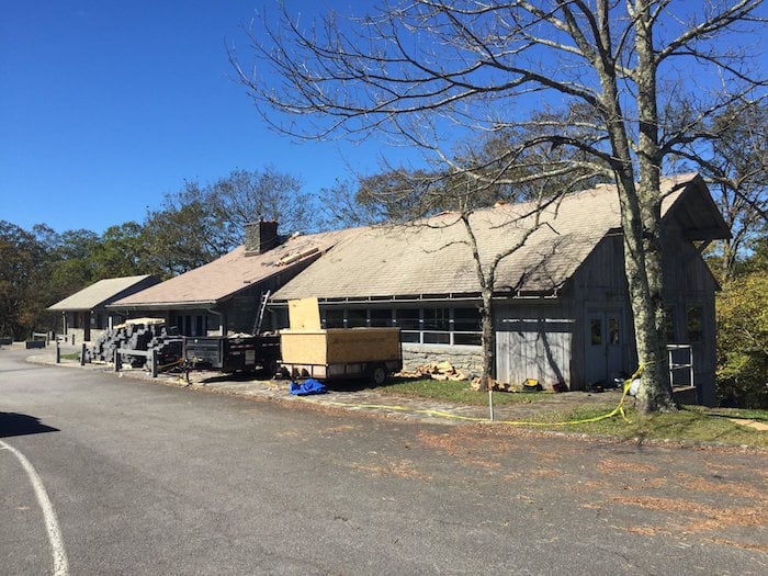 A new roof is being installed on the Bluffs Coffee Shop/Blue Ridge Parkway Foundation A new roof is being installed on the Bluffs Coffee Shop/Blue Ridge Parkway Foundation
