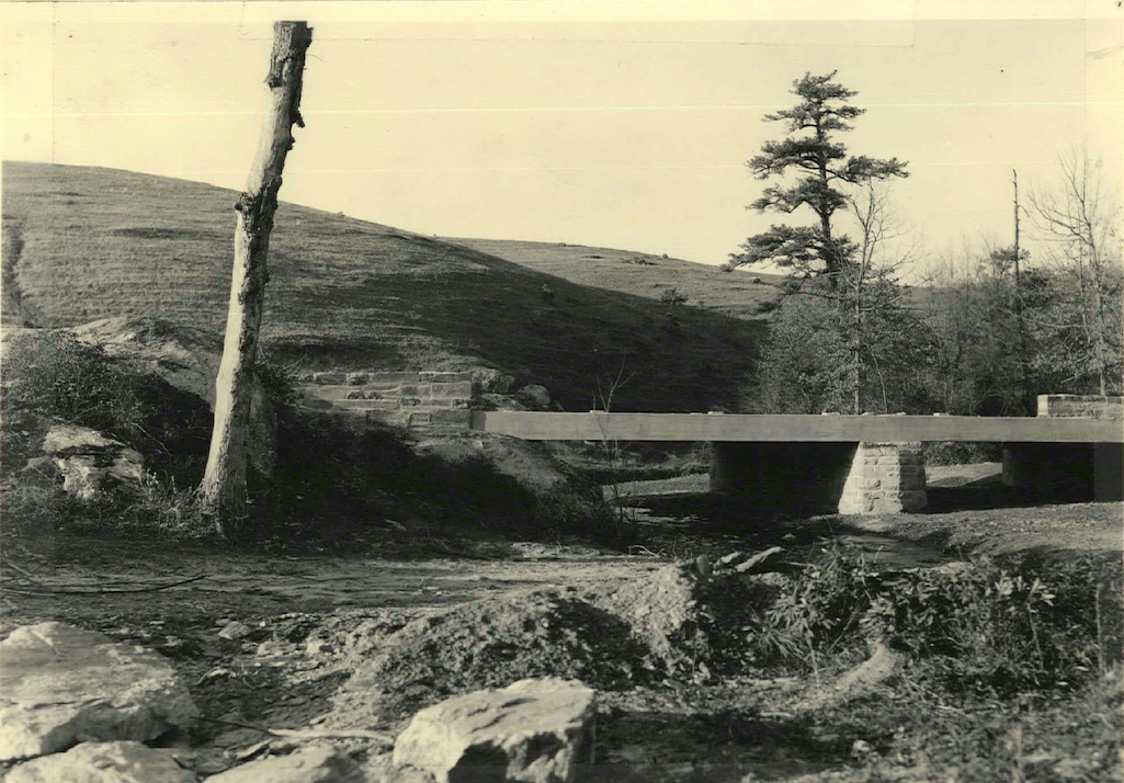 This was the 1936 view looking across Parkway from the east side of Pine Creek Bridge No. 6, one of the bridges that will be rehabilitated as part of this project/NPS file This was the 1936 view looking across Parkway from the east side of Pine Creek Bridge No. 6, one of the bridges that will be rehabilitated as part of this project/NPS file