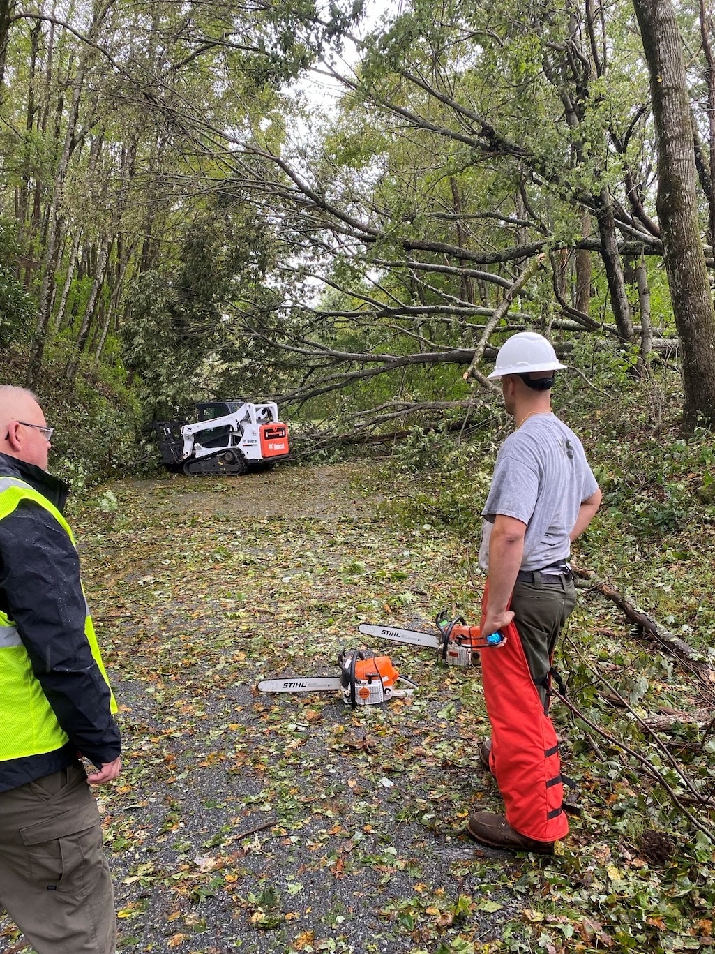 Damage assessments and cleanup, such as this at the Blue Ridge Parkway, were being conducted across many units of the National Park System in the Southeast/NPS Damage assessments and cleanup, such as this at the Blue Ridge Parkway, were being conducted across many units of the National Park System in the Southeast/NPS