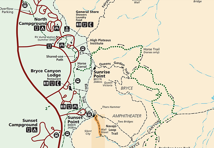 A map of Sunrise Point to Sunset Point, Bryce Canyon National Park / NPS