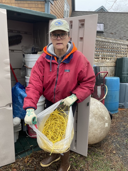Laura Ludwig with some of the plastic tubing collected at Cape Cod National Seashore/Center for Coastal Studies
