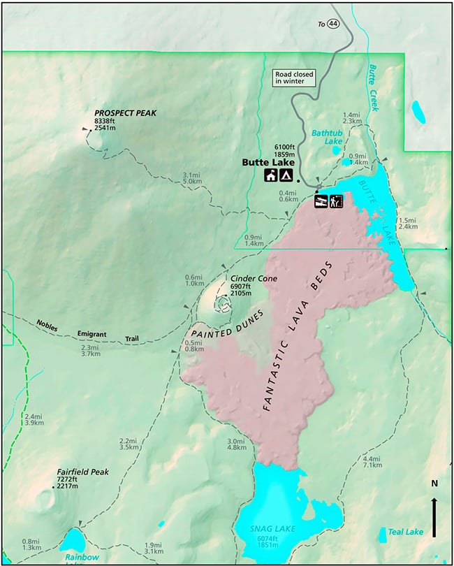 Area map of Cinder Cone and trails, Lassen Volcanic National Park / National Park Service Area map of Cinder Cone and trails, Lassen Volcanic National Park / National Park Service