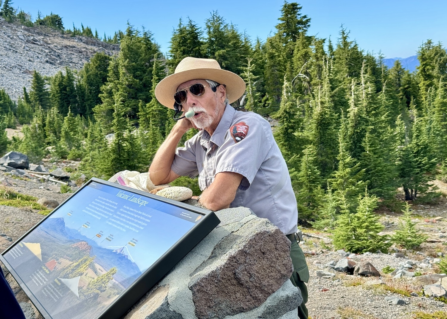 Ranger Bruce James joins a Crater Lake Trolley tour in September. Ranger Bruce James joins a Crater Lake Trolley tour in September.