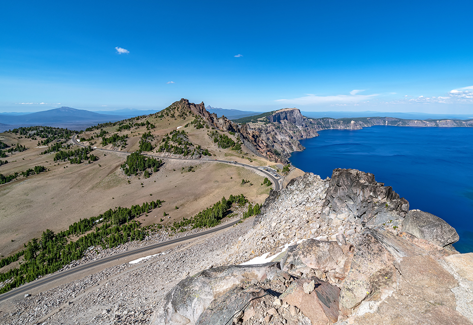 Viewing a part of the Rim Road from the summit of Watchman Peak, Crater Lake National Park / Rebecca Latson Viewing a part of the Rim Road from the summit of Watchman Peak, Crater Lake National Park / Rebecca Latson