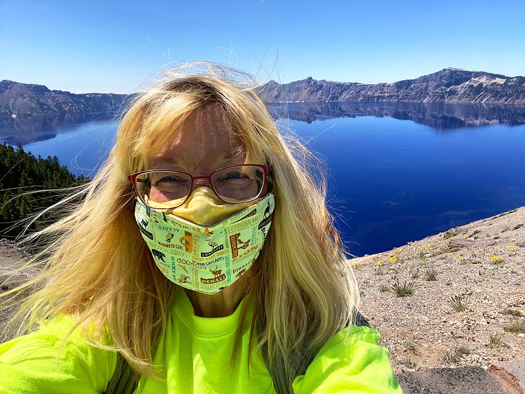 Your frirendly photographer all masked up in Crater Lake National Park / Rebecca Latson Your frirendly photographer all masked up in Crater Lake National Park / Rebecca Latson