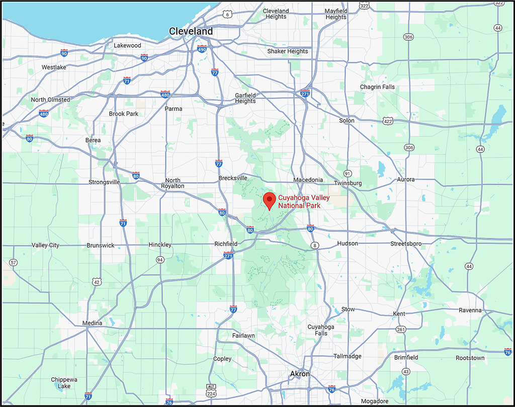 Area map around Cuyahoga Valley National Park / Google Maps Screenshot Area map around Cuyahoga Valley National Park / Google Maps Screenshot