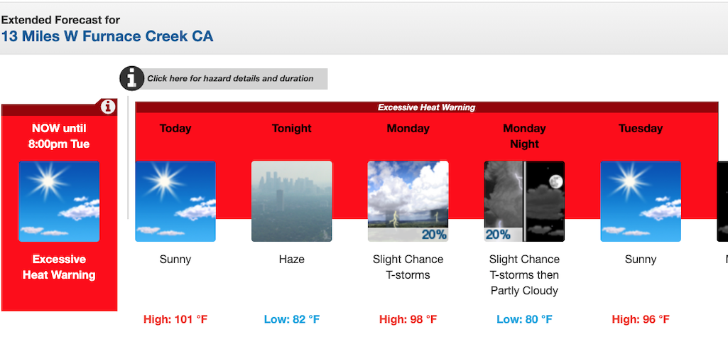 Excessive heat warnings were posted for a number of Western national parks, including Death Valley/NOAA