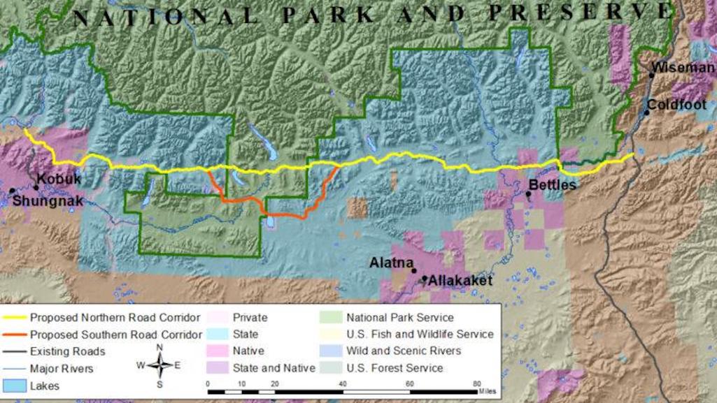 The proposed road would cross the Gates of the Arctic NP (green), state lands (blue), and native lands (pink)/NPS The proposed road would cross the Gates of the Arctic NP (green), state lands (blue), and native lands (pink)/NPS