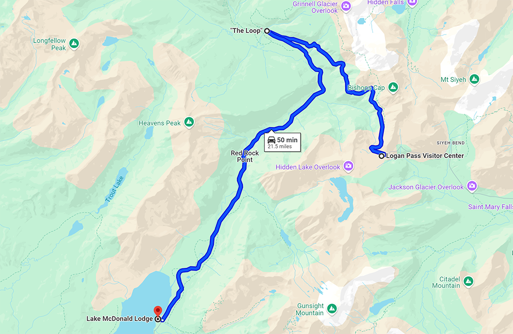 Route to "The Loop" from both Lake McDonald Lodge and Logan Pass Visitor Center. Glacier National Park / Google Maps screenshot Route to "The Loop" from both Lake McDonald Lodge and Logan Pass Visitor Center. Glacier National Park / Google Maps screenshot