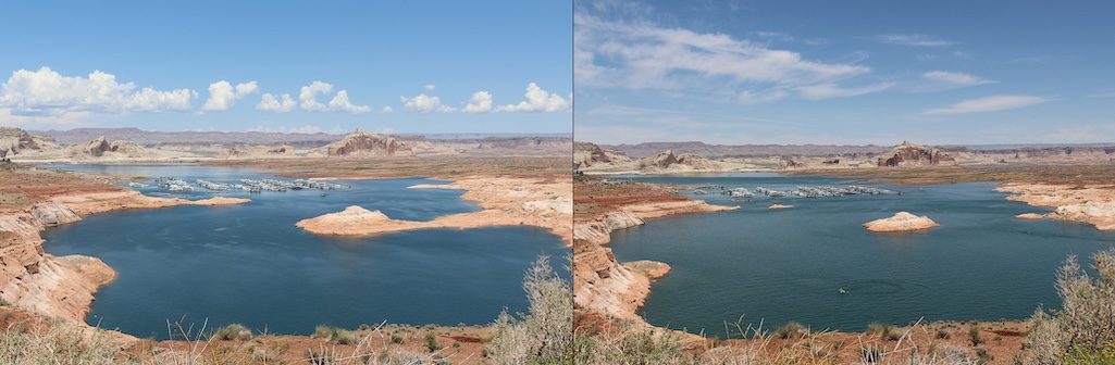 View from Wahweap Overlook towards Castle Rock and Wahweap Marina. First photo was taken May 15, 2023, when Lake Powell elevation was at 3539.15 feet Above Sea Level (ASL). Second photo was taken May 30, 2023 at 3560.22 feet ASL. View from Wahweap Overlook towards Castle Rock and Wahweap Marina. First photo was taken May 15, 2023, when Lake Powell elevation was at 3539.15 feet Above Sea Level (ASL). Second photo was taken May 30, 2023 at 3560.22 feet ASL.