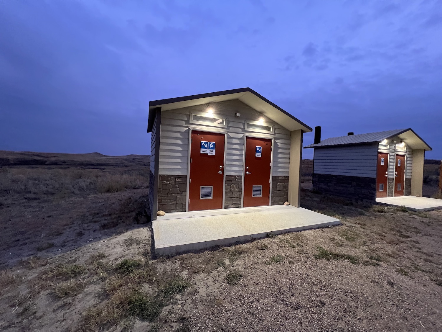 There are motion-sensor lights at these campground toilets in the East Block of Grasslands National Park in Saskatchewan. There are motion-sensor lights at these campground toilets in the East Block of Grasslands National Park in Saskatchewan.