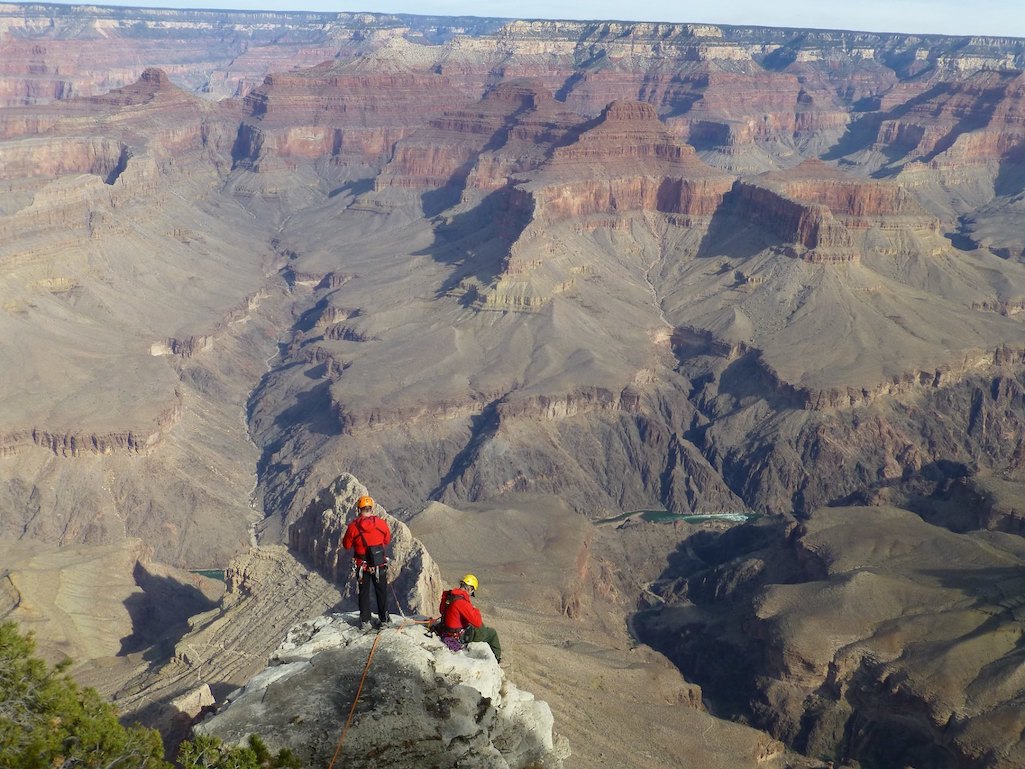Two rangers stand at the edge of the Grand Canyon during a recovery operation/NPS Two rangers stand at the edge of the Grand Canyon during a recovery operation/NPS