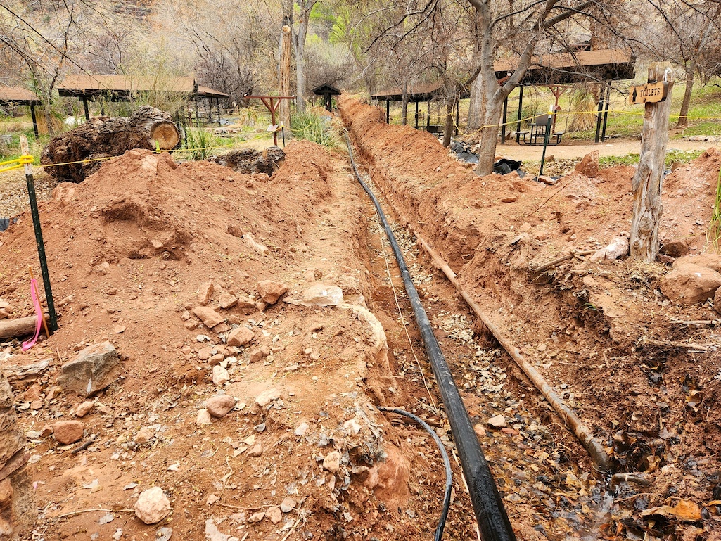 A view of new water distribution line being installed throughout Havasupai Gardens for the Transcanyon Waterline project at Grand Canyon National Park/NPS, N. Powell A view of new water distribution line being installed throughout Havasupai Gardens for the Transcanyon Waterline project at Grand Canyon National Park/NPS, N. Powell