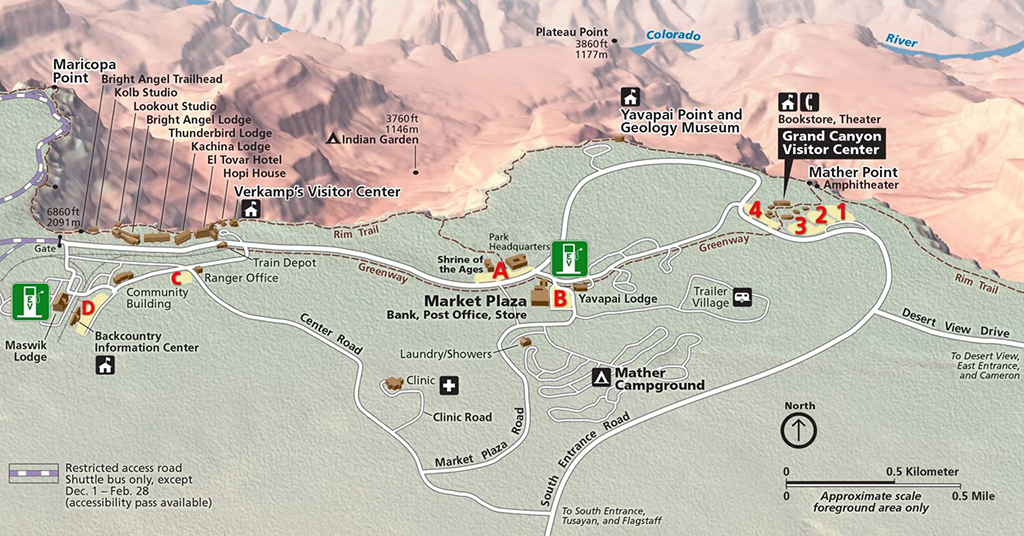 Grand Canyon Village map with location of EV charging stations, South Rim, Grand Canyon National Park / NPS Grand Canyon Village map with location of EV charging stations, South Rim, Grand Canyon National Park / NPS