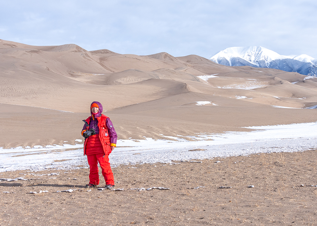 The author bundled up and prepared for the winter weather, Great Sand Dunes National Park and Preserve / Rebecca Latson The author bundled up and prepared for the winter weather, Great Sand Dunes National Park and Preserve / Rebecca Latson