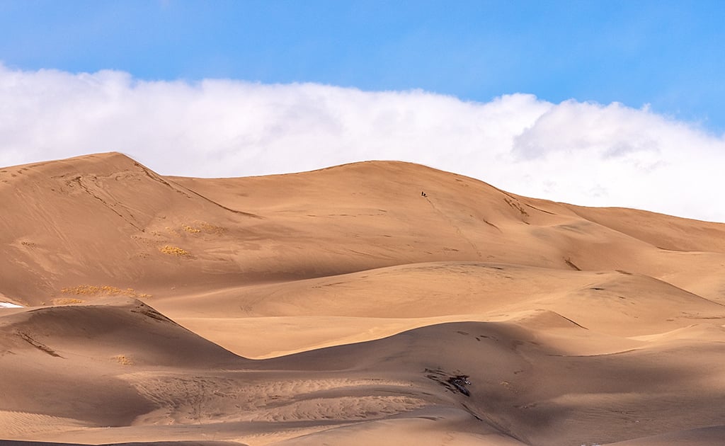 I spy with my little eye, the tiny figures of two hikers climbing the dunes, Great Sand Dunes National Park and Preserve / Rebecca Latson I spy with my little eye, the tiny figures of two hikers climbing the dunes, Great Sand Dunes National Park and Preserve / Rebecca Latson