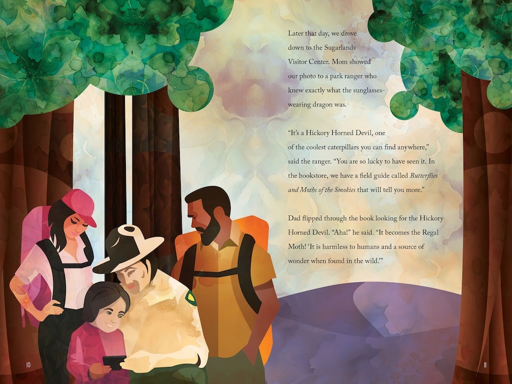 A colorful illustration by Matt Brass shows a young Camilla getting her first lesson on the important role caterpillars play in the landscape from a ranger in Great Smoky Mountains National Park. Image provided by Smokies Life. A colorful illustration by Matt Brass shows a young Camilla getting her first lesson on the important role caterpillars play in the landscape from a ranger in Great Smoky Mountains National Park. Image provided by Smokies Life.