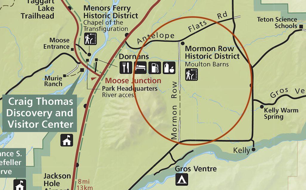 Mormon Row locator map in Grand Teton National Park. Mormon Row locator map in Grand Teton National Park.