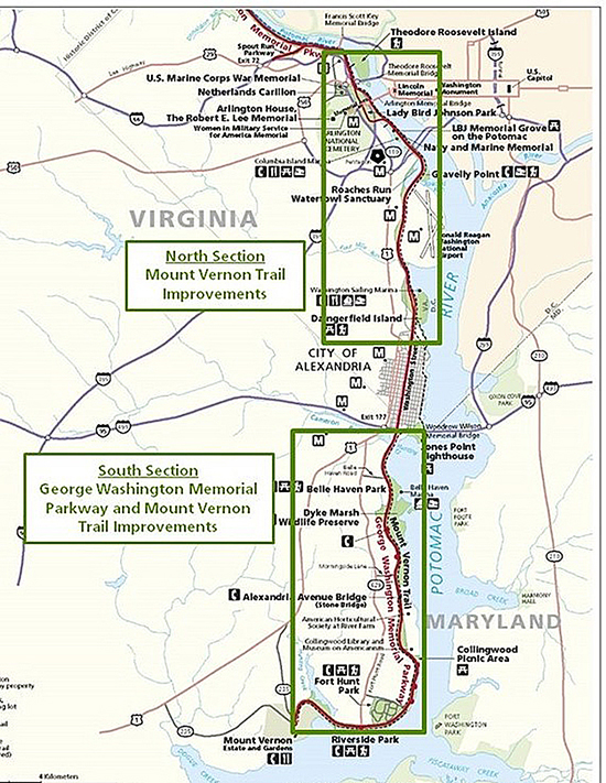 Map of the proposed project areas along the George Washington Memorial Parkway / NPS