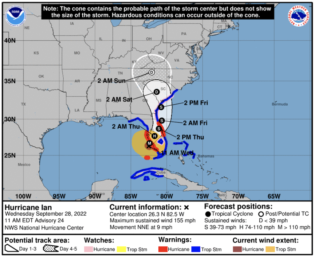 At least nine units of the National Park System have closed due to Hurricane Ian, which was expected to carry heavy rains up the Eastern Seaboard/NOAA At least nine units of the National Park System have closed due to Hurricane Ian, which was expected to bring heavy rains up the Eastern Seaboard/NOAA