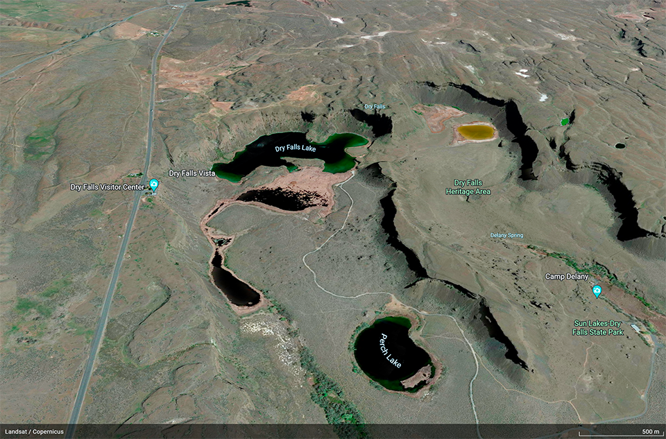A satellite image of the Dry Falls area, Ice Age Floods National Geologic Trail / Google Earth A satellite image of the Dry Falls area, Ice Age Floods National Geologic Trail / Google Earth