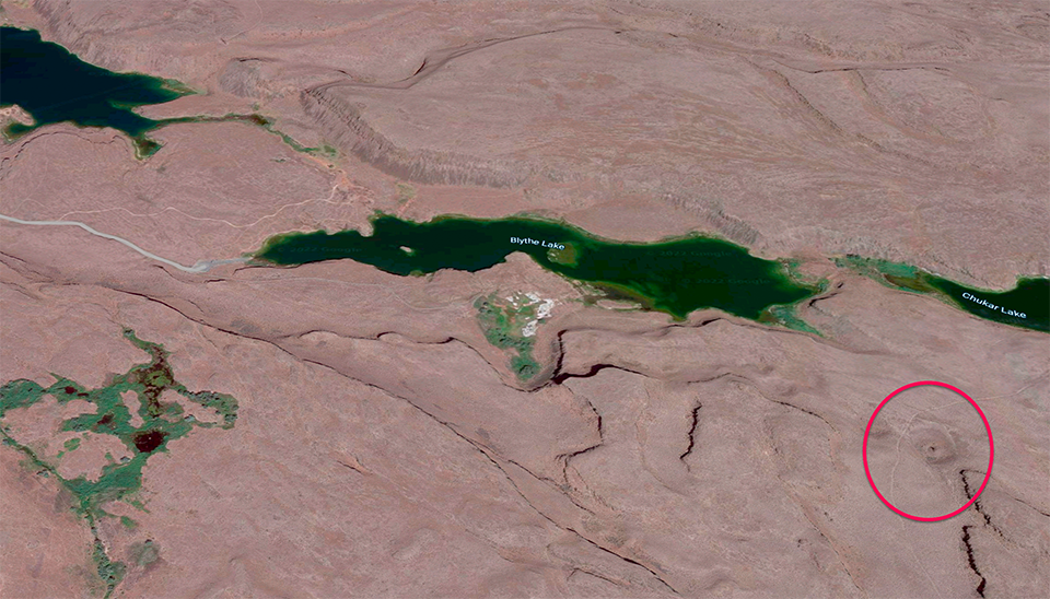A satellite view of the trail to a very large pothole, Drumheller Channels National Natural Landmark, Ice Age Floods National Geologic Trail / Google Maps A satellite view of the trail to a very large pothole, Drumheller Channels National Natural Landmark, Ice Age Floods National Geologic Trail / Google Maps