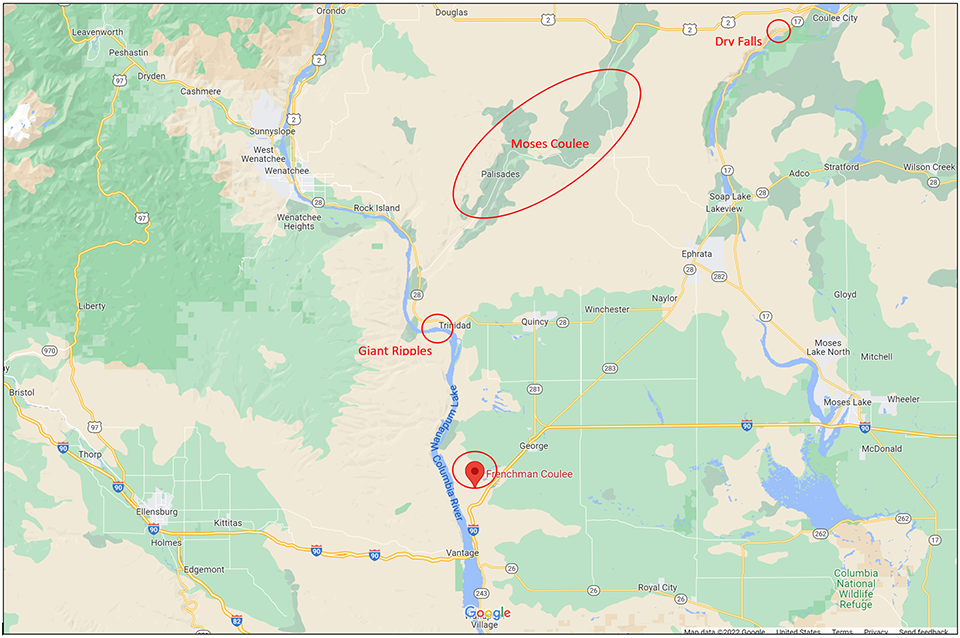 A map of the areas visited, thus far, along the Washington state portion of the Ice Age Floods National Geologic Trail / Google Maps A map of the areas visited, thus far, along the Washington state portion of the Ice Age Floods National Geologic Trail / Google Maps